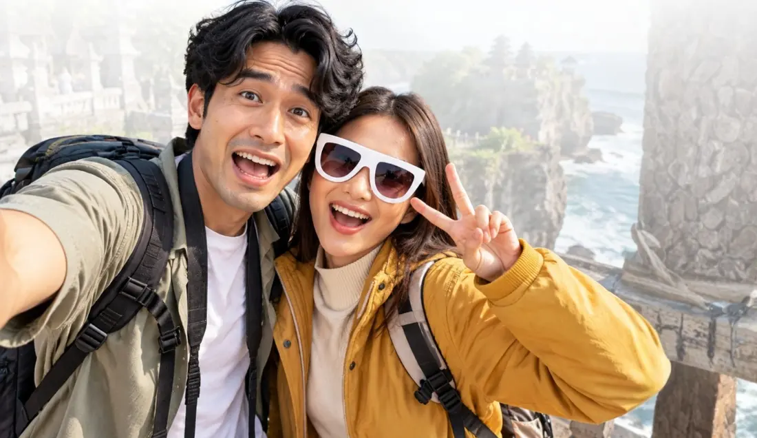 Pasangan berfoto selfie saat berwisata